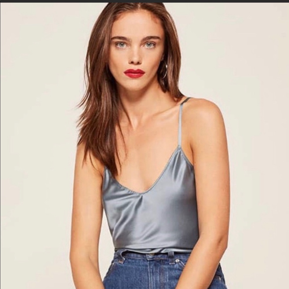 Reformation Silver Satin V-Neck Tank Top